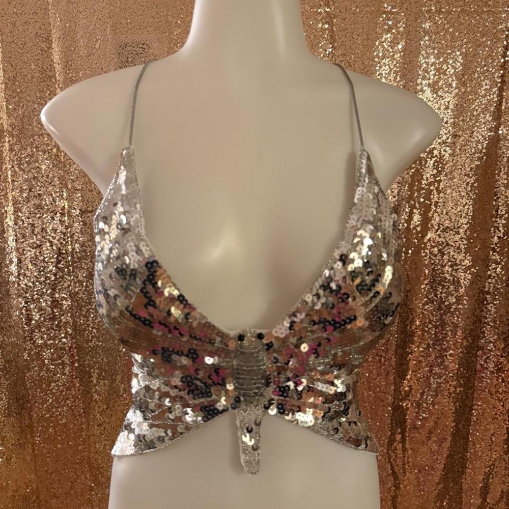 Silver Sequin Butterfly Halter Top Criss Cross Back Party Glamour/One Size